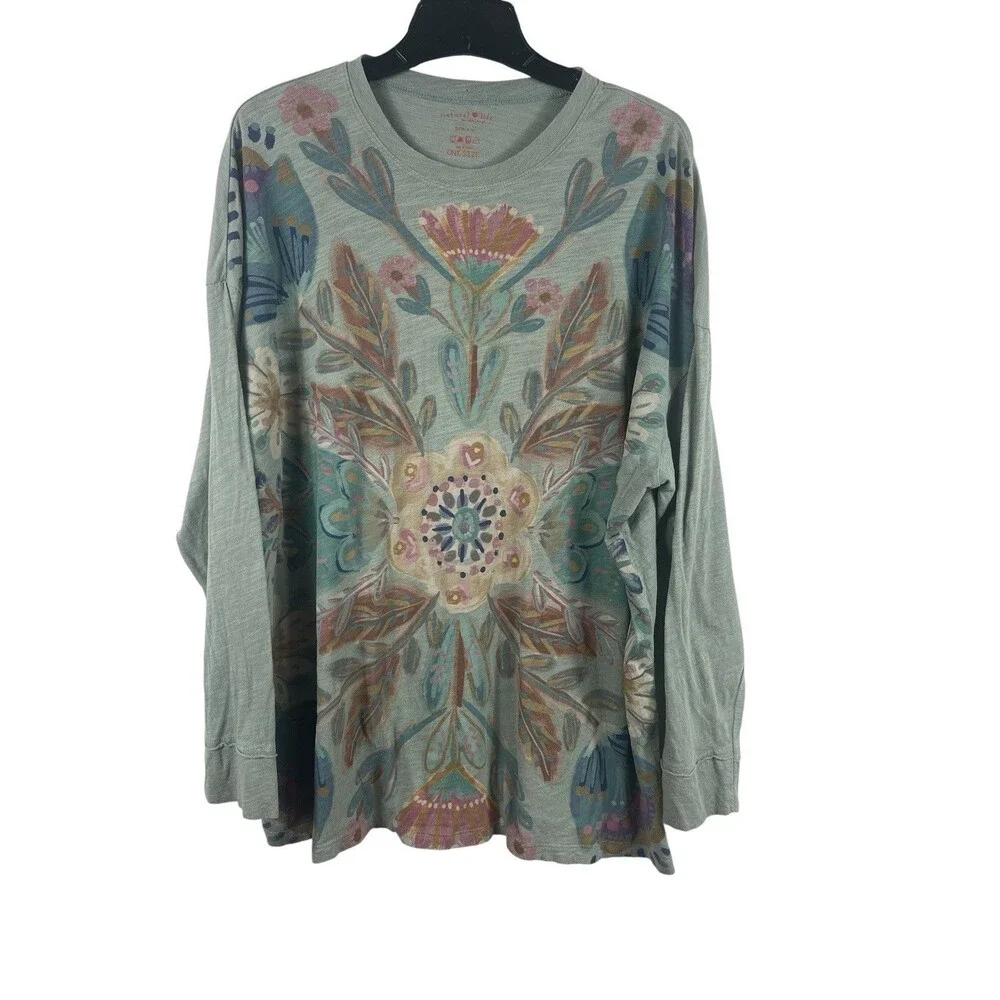 Natural Life Sage Green Long Sleeve Floral Graphic Print T-shirt O/S FLAW